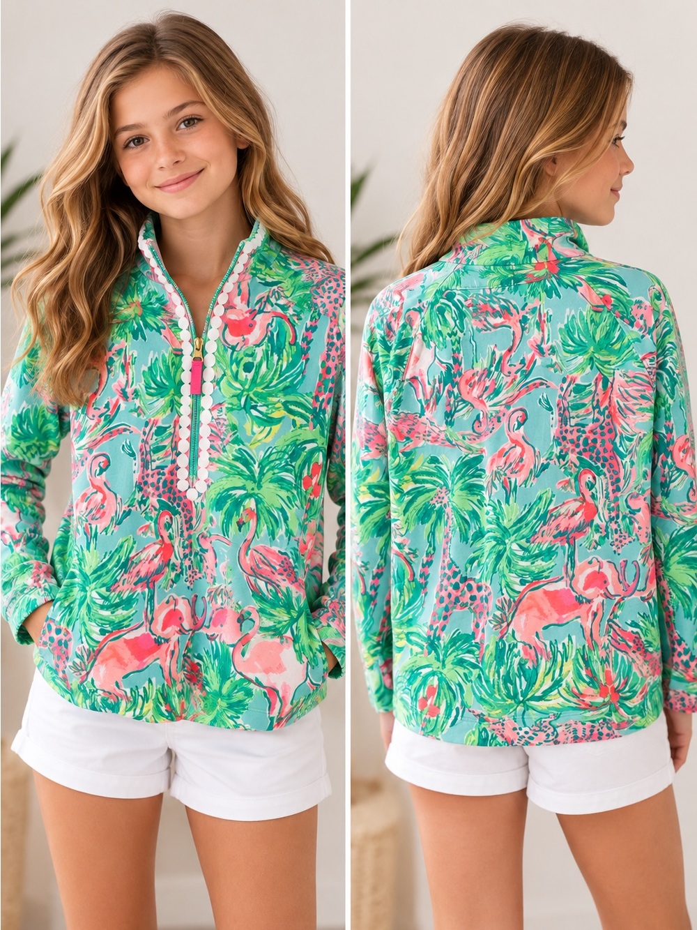 LILLY PULITZER “KIDS” Tropical Flamingo 🦩 1/2 ZIP Sweatshirt - Pink and Green - Picture 6 of 6